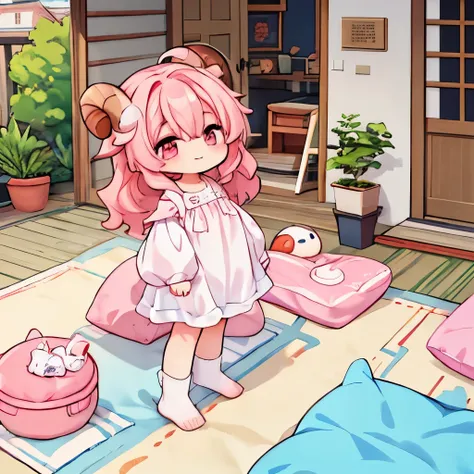 “An anime-style illustration of ‘Fua-chan’ hanging out her futon to dry. Fua-chan has distinctive features: long pink hair styled in soft curls resembling sheep’s horns, and pink eyes. She is depicted standing on a balcony or in a yard, holding a fluffy fu...