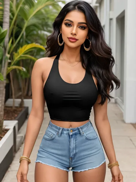 
"Create an ultra-realistic image of a modern, attractive female influencer of Indian descent, aged between 27 to 30. She should have a warm and inviting smile, expressive almond-shaped eyes with a slight shimmer, and clear, glowing skin with a medium brow...