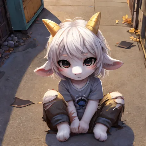 Cinematic, Solo, White female goat, soft fur, wearing a grey t-shirt and panties, furry, white body, with golden horns, lost look, tired expression, dirty and torn clothes, sitting on the street with legs open, extremely detailed, beautiful and detailed di...