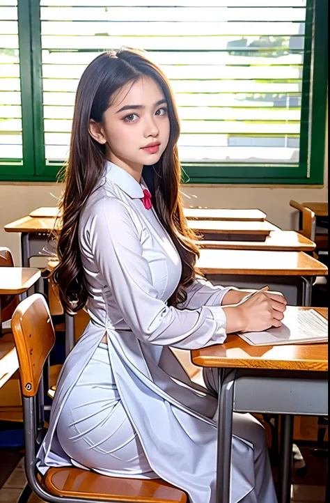 raw photo , 1 girl  ,wearing white traditional uniform  ((teen school girl studying in the classroom)) , professional photograph...