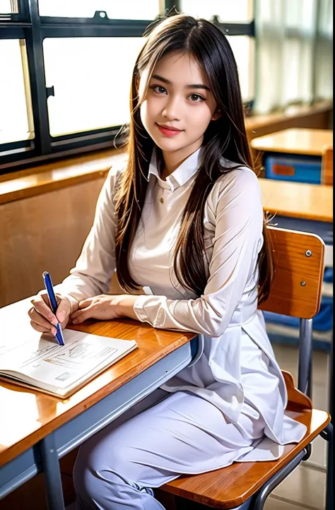 raw photo , 1 girl  ,wearing white traditional uniform  ((teen school girl studying in the classroom)) , professional photograph...