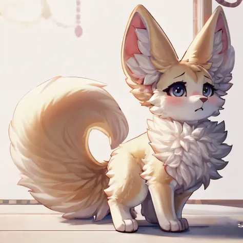 Solo, Cinematic, Fennec, female, feral, long fluffy tail, completely white fur, white body, tired, embarrassed, standing, White background, extremely detailed, beautiful and detailed dilated eyes, grey eyes, full body, ((By WhisperFood))