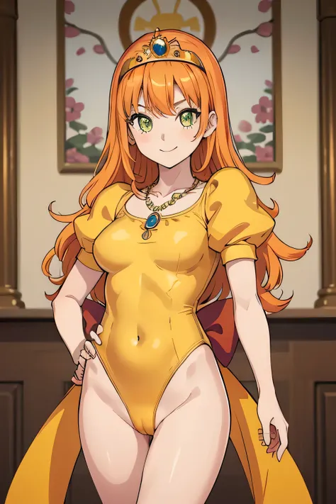 masterpiece, Highest quality, Dukraura, Orange Hair, tiara, necklace, ((Yellow leotard))、（(High leg)）, Elbow hand pockets, Cowboy Shot, View your viewers, Pro wrestling, null, spring, smile 