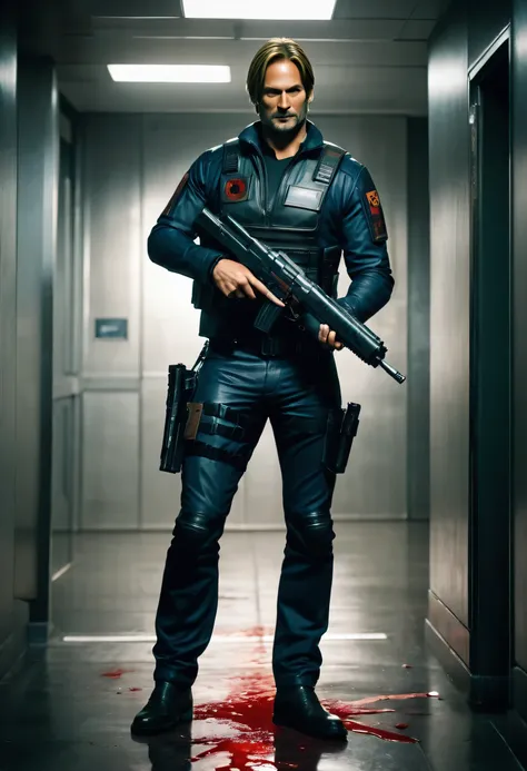 faithful image of actor josh holloway dressed in costume "leon kennedy" from the game "resident evil 2 remake", he has a gun in ...