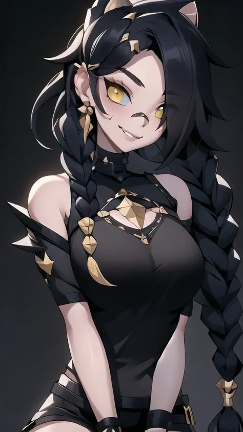 1girl, solo, ultra long hair, looking at viewer, black hair, bandaid on face, yellow eyes, smile, bandaid on nose, braid, bandaid, ultra detailed face, masterpiece, bangs, breasts, fang, bare shoulders, scar, teeth, shirt, bare shoulders, white shirt, shor...