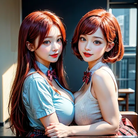 White and Bright Red, (Masterpiece 8K TopQuality:1.2) (ProfessionalPhoto:1.37) ExtremelyDetailed (((2 KAWAII girls red hair with massive accentuated super HUGE enormously gigantic , deep cleavage, 2 girls side by side:1.37)) (school uniform with bow tie) E...