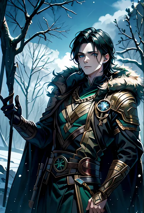 1boy, loki, norse myhtology, marvel, black hair, green coat, norse, viking, fantasy, dark fantasy, ((forest, winter,))