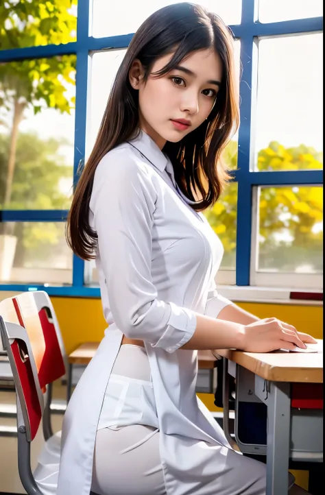 raw photo , 1 girl  ,wearing white traditional uniform  ((teen school girl studying in the classroom)) , professional photograph...