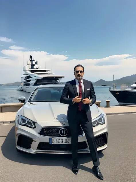 an arab man in a suit leans against a car next to a yacht，there are several women standing in the middle, (asia) (european), wea...