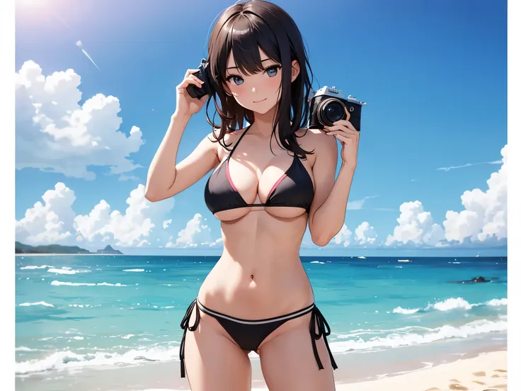 2 characters, a cute girl in a bikini holding a camera taking a photograph of a hot naked girl on the beach