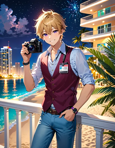 (masterpiece), (best quality), (hires), 1boy, blonde hair, purple eyes, (lora:perfect hands:1), holding camera, full body, male focus, jeans, shirt, shoes, smile, solo, standing, watch, wristband, wristwatch, sleeveless vest, reporter, photographer, report...