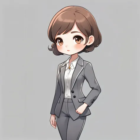 masterpiece, Highest quality, Very detailed,1 girl ,(chibi avatar:1.4),((Flat Design)),simple background,((full body)), standing,(((forehead))),(very short hair:1.3),((extra short)),brown hair,black eyes,((whitetunic blouse)),office lady,(gray blazer:1.5),...