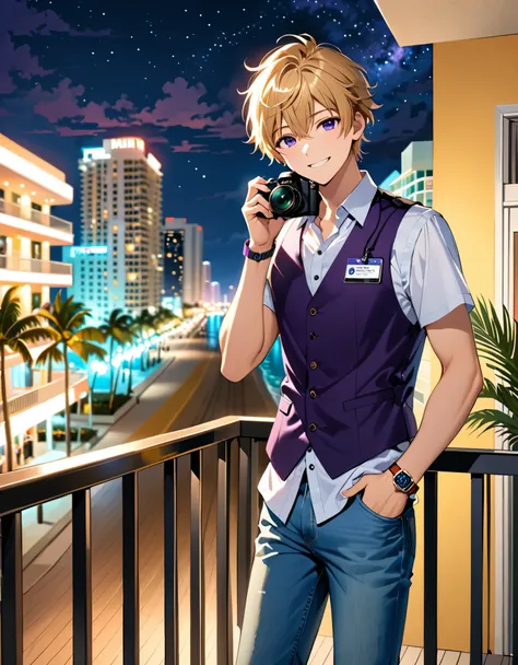 (masterpiece), (best quality), (hires), 1boy, blonde hair, purple eyes, (lora:perfect hands:1), holding digital camera, full body, male focus, jeans, shirt, shoes, smile, solo, standing, watch, wristband, wristwatch, sleeveless vest, reporter, photographer...