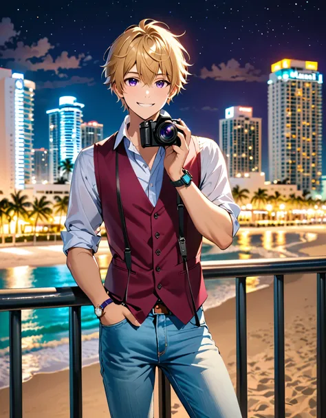 (masterpiece), (best quality), (hires), 1boy, blonde hair, purple eyes, (lora:perfect hands:1), holding digital camera, full body, male focus, jeans, shirt, shoes, smile, solo, standing, watch, wristband, wristwatch, sleeveless vest, reporter, photographer...