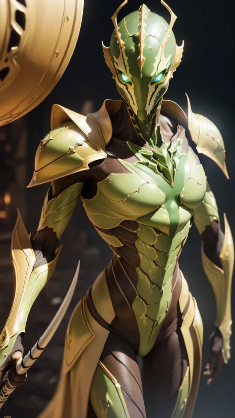 tall slender insectoid, spear, yellow brown skin, carapace armor, (masterpiece, best quality), (green eyes), (Hyper realistic:1.6), ((detailed face)), ((award-winning)), (sharp), (8k resolution), (cinematic lighting)