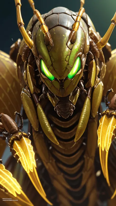 insectoid, (yellow brown skin), eight limbs, insect wings, carapace armor, (masterpiece, best quality), (green eyes), flying, (hyper realistic:1.6), ((detailed face)), ((award-winning)), (sharp), (8k resolution), (cinematic lighting)