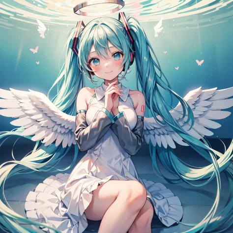 hatsune miku、White angel wings、sheer white dress、Angel halo on head、heaven、I pray、smile、floating、blush