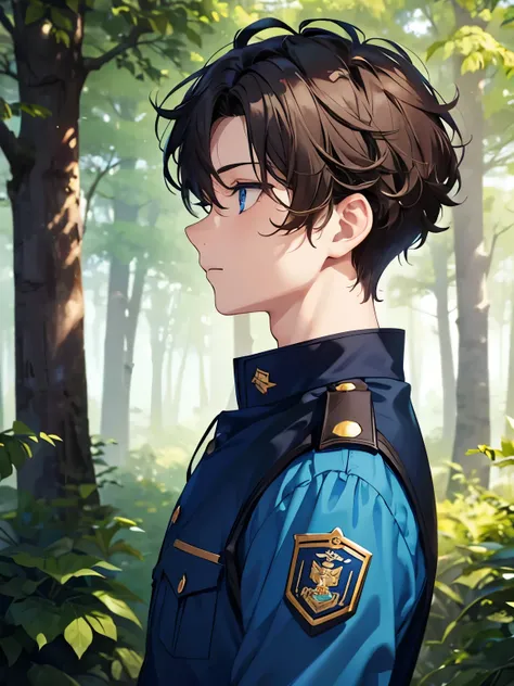 1boy,guy,Walking in the forest,Facing right, camera angle from the side, photo from the side, looking away,wearing blue army uniform,,blue eyes,half body photo,18 years old,Curly hair,medium hair,undercut hairstyle,light brown hair, ultra detail,masterpiec...