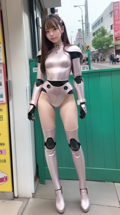 Robot Girl, pink, Silver, Metallic body, Robot Parts, Metal Parts, Super Detailed Face, Super well-formed face, of the highest quality, a small face, a small head, Brown hair, Slender body, Camera gaze, Internal Mechanical Exposure, Idol, front facing, Wel...