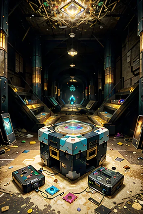 (best quality,4K,8ก,height,Masterpiece:1.37), Very detailed, (realistic,photorealistic,photo-realistic:1.37), (aerial view), (Top-down view), pixel art, (Futuristic Artifact Boxที่เต็มไปด้วยตลับวิดีโอเกมย้อนยุค:1.6), (Futuristic Artifact Box), (The artifac...