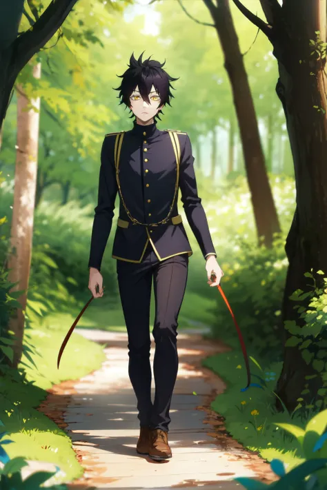 1boy, walking in forest,solo,yuno_black_clover, black hair, yellow eyes, short hair, hair between eyes, full body photo