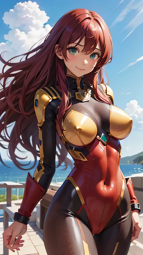 highest quality、Realistic、female、zoom、Green Eyes、Red long wavy hair、Hero Suit、Shiny yellow bodysuit、Blue accents、slender、Dark Skin、Large Breasts。Aerial、An inappropriate smile、Bust Shot、