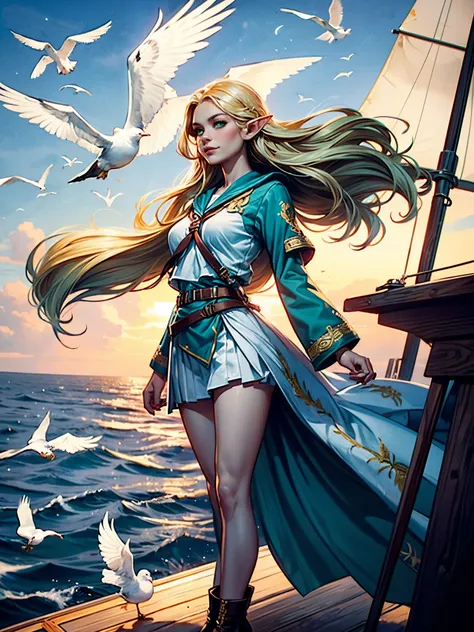 (((masterpiece, best quality, HD, high detail)))), ((((fantasy))), one, (Elf female)))), (White gold embroidered skirt), (blonde long straight hair), (glossy dark green eyes), (Gold embroidered white ruffled shirt), big deal, (((On the deck of a sailing sh...