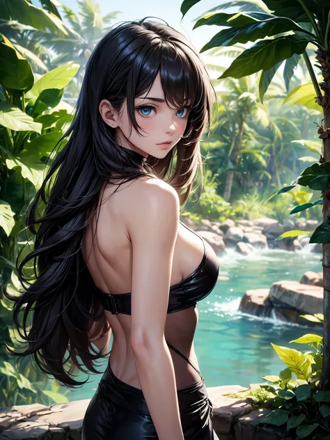 (1girl) stunning detailed candid full body portrait of a cute Turkish girl, amidst the muggy coastal jungle of a tropical paradise she explores in wonder, (she wears the robust garb of a medieval-fantasy rogue adventurer), her flowing hair is slightly damp...