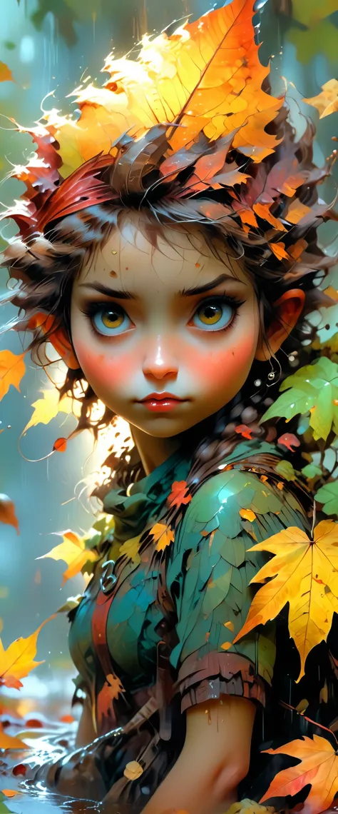 a pixie girl on a autumn leaf in the rain the forest and the world of adventure, autumn leaf colors, red brown yellow orange, maroon, photo realism, 8k resolution, garden, trending on artstation, 4k, intricate details, highly detailed, pencil drawing, sea-...