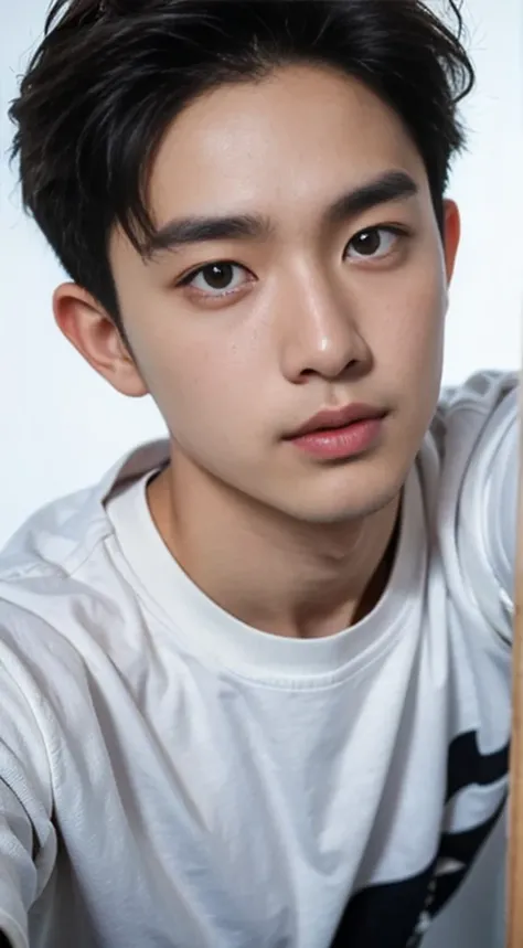 a young korean man in his 30s, white background, t-shirt, extremely detailed face, high quality, 8k, super high resolution, (realistic:1.4), (true skin details:1.3), (selfie angle)