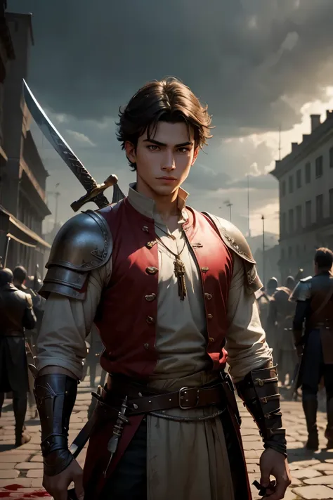 A young man with a sword in his hand and with blood and around many people