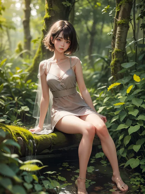 beautiful girl, small breast, showing face, protruding tongue, short hair, brown, 8k, professional photography, delicate, clear, in the forest, sun, light leakage, masterpiece, (beautiful)))), (reality)))), sad, blushing, Full Body, fantastic, young