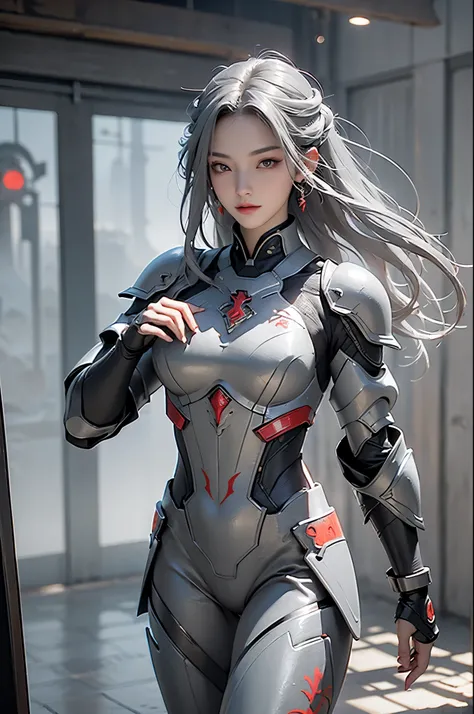 masterpiece, Game Art, Best image quality, Maximum resolution, 8K, Unreal Engine 5 rendering work, (Digital Photography), 20 year old girl,Short hair details,Long bangs,(Red eye makeup),(With long gray hair: 1.4),(Full breasts),Elegance and nobility,Brave ...