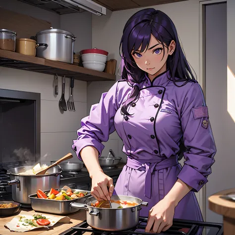 A cool female commander in purple clothes、Create an image of you cooking in your room alone。