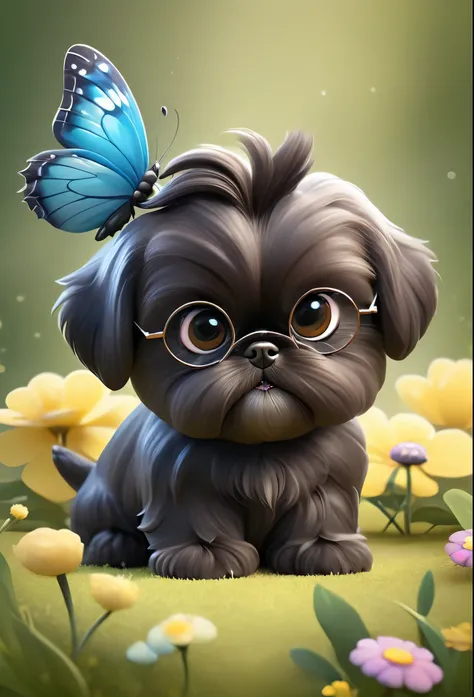 2 adorable very small very black Shih Tzu puppies wearing sunglasses playing at park butterflies and flowers in background 3D Pixar style