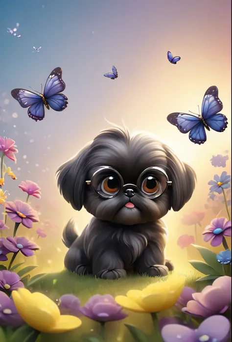 2 adorable very small very black Shih Tzu puppies wearing sunglasses playing at park butterflies and flowers in background 3D Pixar style