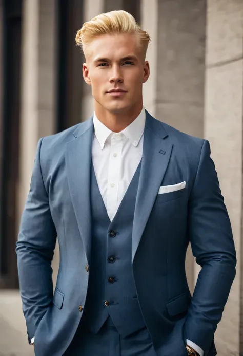 Handsome American man with blonde hair and masculine build. He is wearing a classic American suit. 