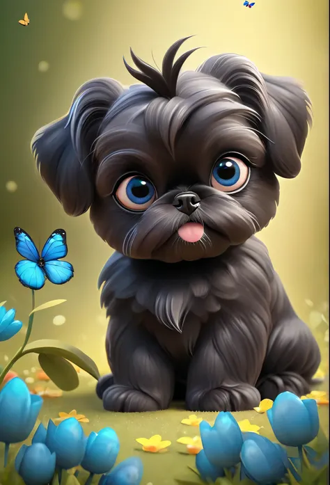 2 adorable very small very black Shih Tzu puppies with big bright blue eyes wearing sunglasses playing at park butterflies and flowers in background 3D Pixar style