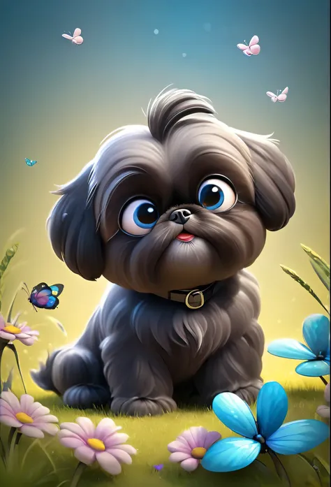 2 adorable very small very black Shih Tzu puppies with big bright blue eyes wearing sunglasses playing at park butterflies and flowers in background 3D Pixar style