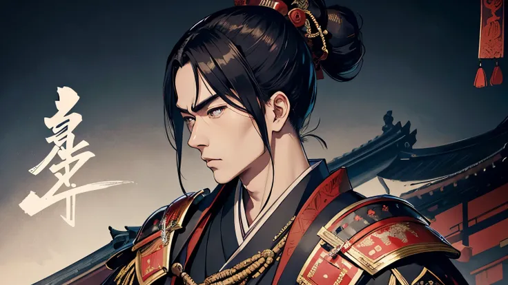 The whole body is shown、Wearing intricately designed traditional samurai armor、Famous people in Japanese history、Detailed images of Toyotomi Hideyoshi、He tied his topknot.、He has a stern look.、Has an intimidating presence。The background is a traditional Ja...