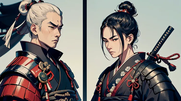 Two Samurai、The whole body is shown、Wearing intricately designed traditional samurai armor、Famous people in Japanese history、They tied their topknots、He has a stern look.、Has an intimidating presence。The background is a traditional Japanese castle