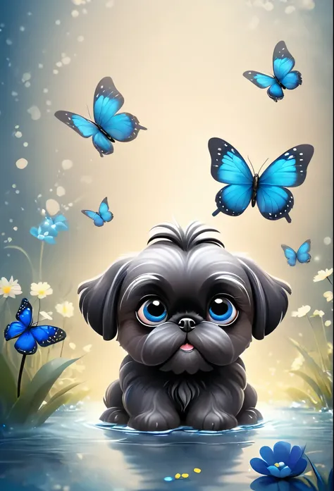 2 adorable very small very black Shih Tzu puppies with big bright blue eyes wearing blue collars and sunglasses playing in creek butterflies and flowers in background 3D Pixar style
