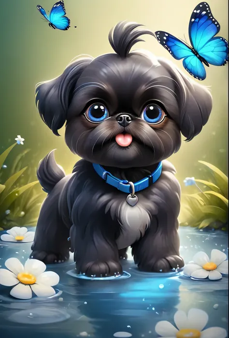 2 adorable very small very black Shih Tzu puppies with big bright blue eyes wearing blue collars and sunglasses playing in creek butterflies and flowers in background 3D Pixar style