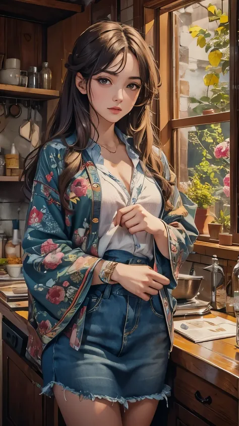 ((masterpiece, best quality)), (1 girl), (alone), (Women's Focus), (Ahog, white hair, Very long hair), Golden Eyes, open mouth, ((White shirt), (Button-down shirts), (gap button)), ((Black skirt), (Short skirt)), Permanent, White background, Put your a...