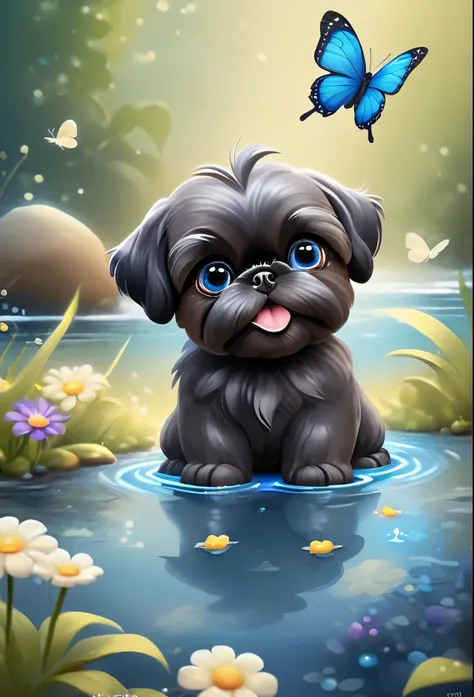 a 2 adorable very small very black Shih Tzu puppies with big bright blue eyes,extremely detailed eyes and face,longeyelashes,wearing blue collars and sunglasses,playing in creek,butterflies and flowers in background,3D Pixar style,photorealistic,masterpiec...