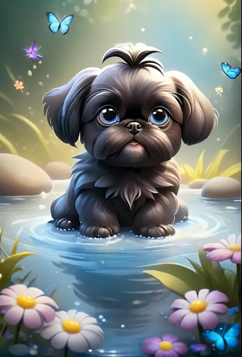 2 adorable very small very black Shih Tzu puppies with big bright blue eyes,extremely detailed eyes and face,longeyelashes,wearing blue collars and sunglasses,playing in creek,butterflies and flowers in background,3D Pixar style,photorealistic,masterpiece,...