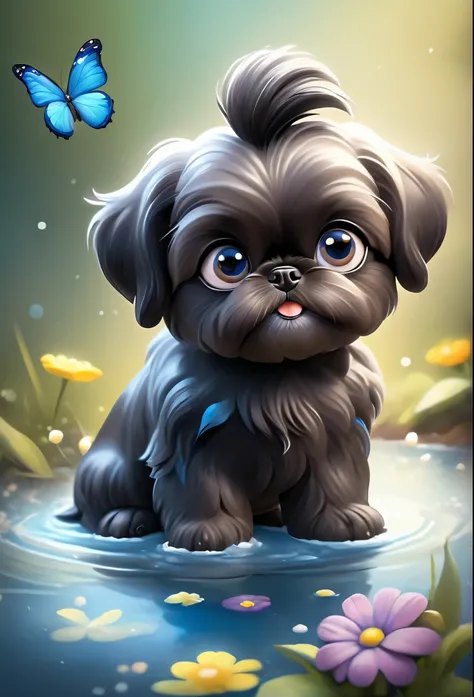 2 adorable very small very black Shih Tzu puppies with big bright blue eyes,extremely detailed eyes and face,longeyelashes,wearing blue collars and sunglasses,playing in creek,butterflies and flowers in background,3D Pixar style,photorealistic,masterpiece,...