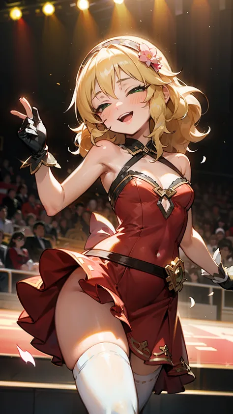 masterpiece,best quality, ultra-detailed,1girl(sakurai momoka, lovely small breasts,  glow skin, wavy hair, long hair, blonde hair, headband, pink flower in hair,green eyes, half-closed eyes), smile, open mouth, glow lips, head tilt, solo, red dress, ornat...