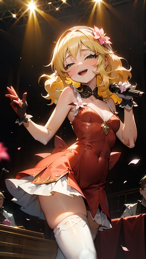 masterpiece,best quality, ultra-detailed,1girl(sakurai momoka, lovely small breasts,  glow skin, wavy hair, long hair, blonde hair, headband, pink flower in hair,green eyes, half-closed eyes), smile, open mouth, glow lips, head tilt, solo, red dress, ornat...