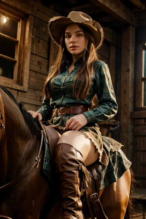 a beautiful irish girl in a cowboy dress riding a big horse, medieval era background, intricate details, high quality, photorealistic, cinematic lighting, vibrant colors, fantasy art style, dramatic lighting, detailed facial features, long eyelashes, beaut...